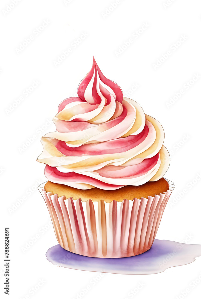 Watercolor-Style Cupcake with Swirled Frosting. An artistic rendition of a watercolor-style cupcake with pink and cream swirled frosting, ideal for greeting cards and culinary blogs. Watercolor-Style Cupcake with Swirled Frosting. An artistic rendition of a watercolor-style cupcake with pink and cream swirled frosting, ideal for greeting cards and culinary blogs.