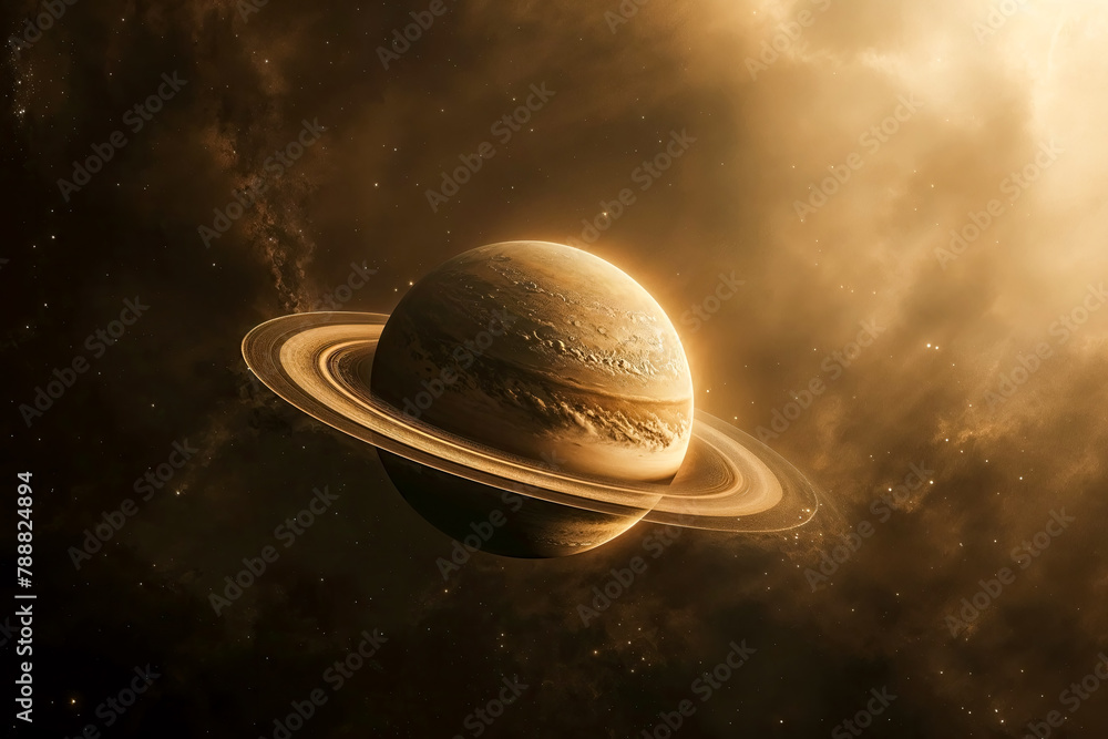 Wallpaper of Saturn in space illuminated by warm bright light. Wallpaper of Saturn in space illuminated by warm bright light.