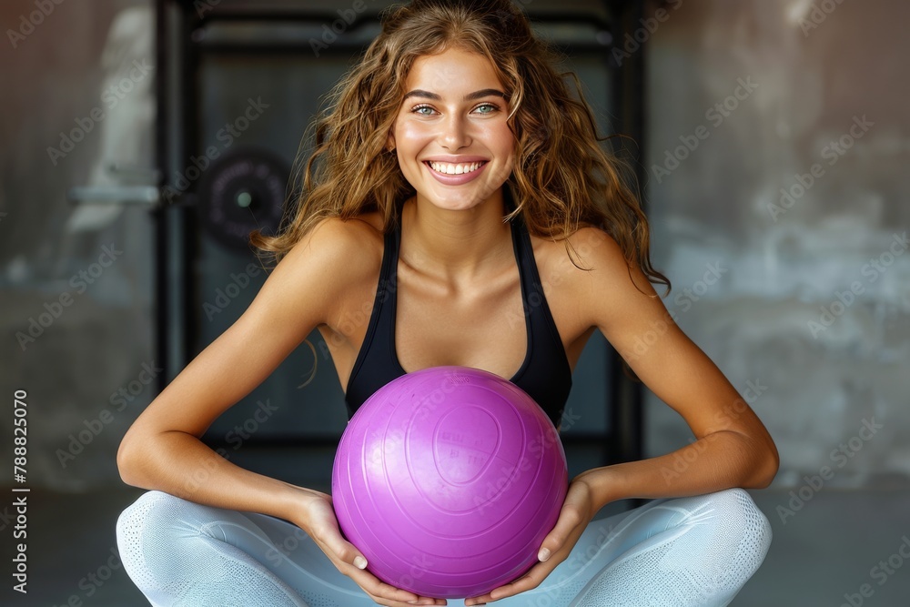 Woman Sitting on Floor Holding Purple Ball Woman Sitting on Floor Holding Purple Ball