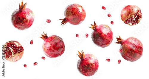 Ripe pomegranates falling over isolated white transparent background photo
