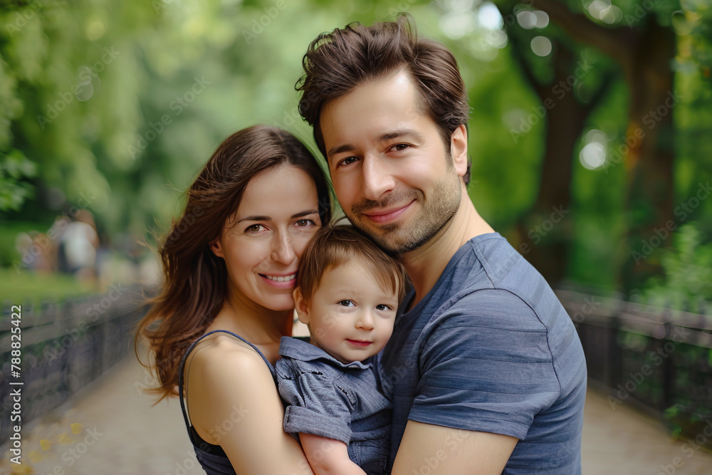 Obraz premium Turkish traditional family of three portrait posing over outdoors background