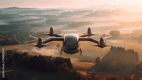 Conceptual eVTOL (electric vertical take-off and landing) aircraft flying over rural areas 