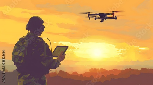 Soldier operating of flying drone at sunset. Modern technology army military man with tablet controls an unmanned aerial vehicle. Flat vector illustration 