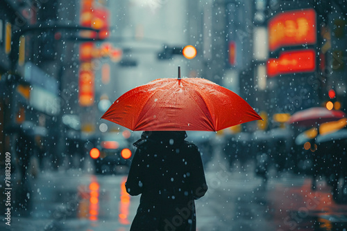 Walking under the rain alone in the city. Climate change  flood concept