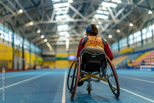 Para-athlete in racing wheelchair intensely training inside a modern sports arena, illustrating speed and agility