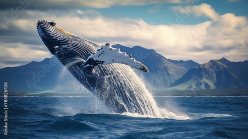 A stunning poster depicting a humpback whale in its natural environment. Huge jump of a humpback whale. Generative AI © kovalovds