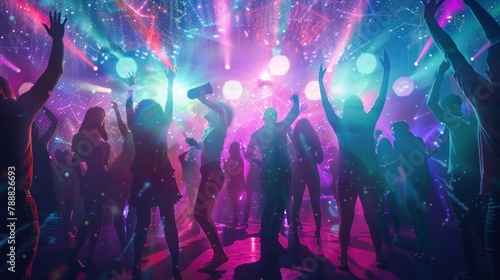 young people with their backs dancing in a disco with neon lights in high resolution and high quality