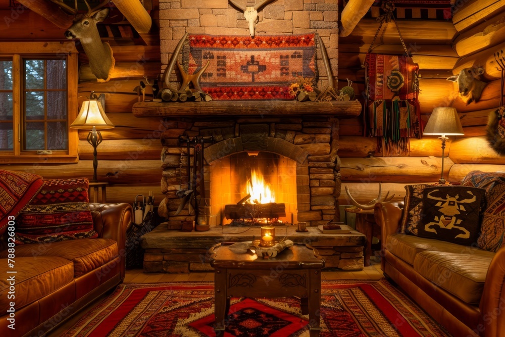 Fireplace in a rustic log cabin with leather furniture and deer heads. Rustic design interior background 