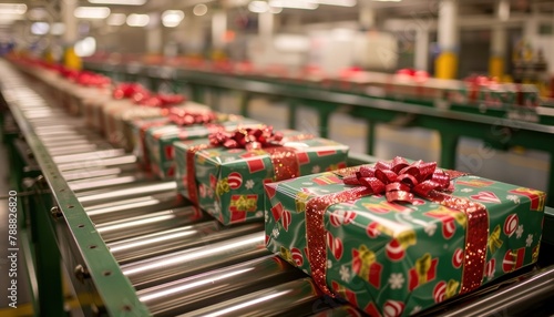 Mass production conveyor belt filled with Christmas presents in a factory