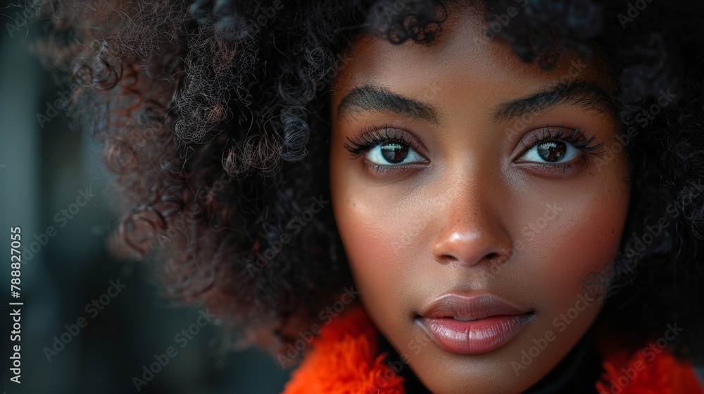 Closeup up portrait of the beautiful afro-american woman with curly hair.