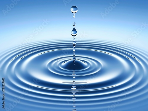 single droplet of water is suspended against a solid blue backdrop. The droplet appears round and reflective, showcasing the simplicity of water in its purest form
