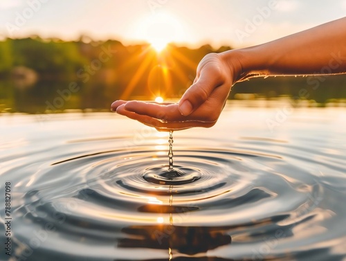 Water scooped in the palm, oozing between the fingers, backlight and glare, warm color, drops fall into the water creating symmetrical ripples