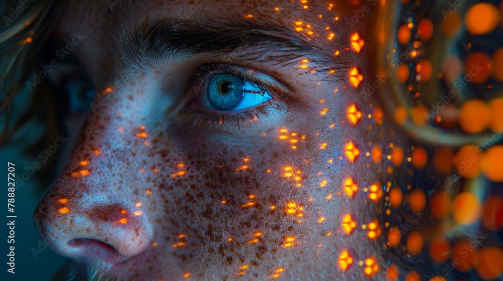 Closeup portrait of the man with blue eyes in the  data center.  Cyber concept