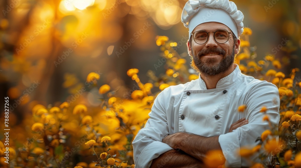 Chef cook on the garden background. Chef cook on the garden background.