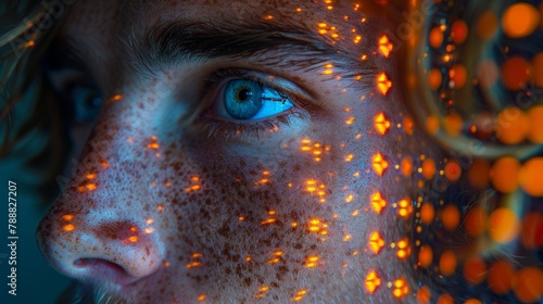Closeup portrait of the man with blue eyes in the data center. Cyber concept