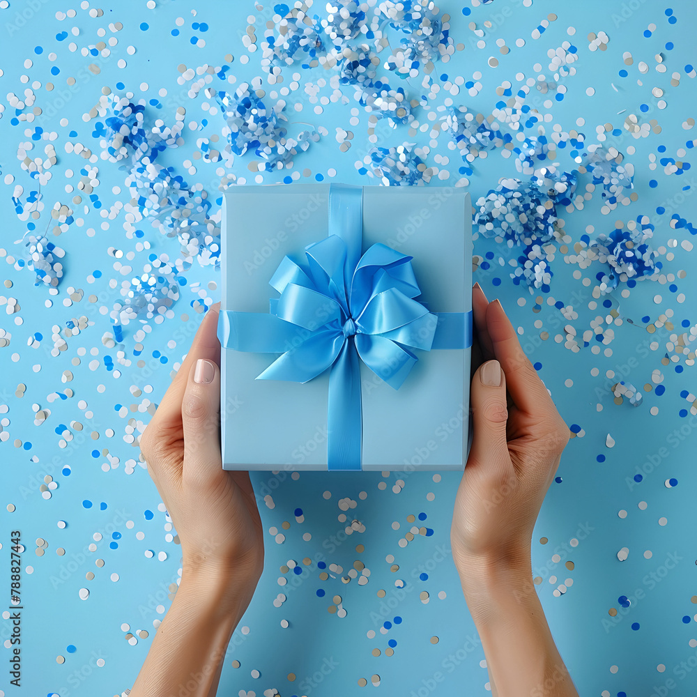 Blue gift box at gender reveal party, hands delivering gift box Table with blue confetti Blue gift box at gender reveal party, hands delivering gift box Table with blue confetti