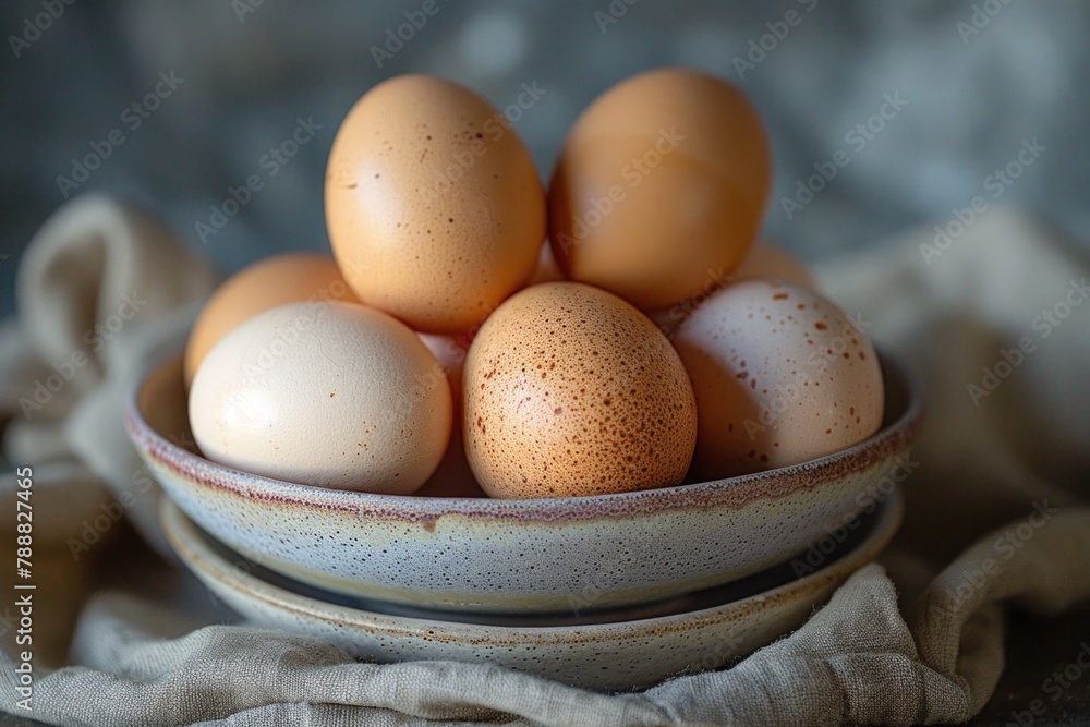 A bowl of eggs is on a stack of bowls on a wooden table A bowl of eggs is on a stack of bowls on a wooden table