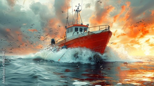 Fishing boat in the ocean during a storm. Danger work background.