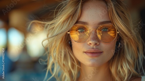  Beautiful trendy model woman with blonde and sunglasses.    © Karo