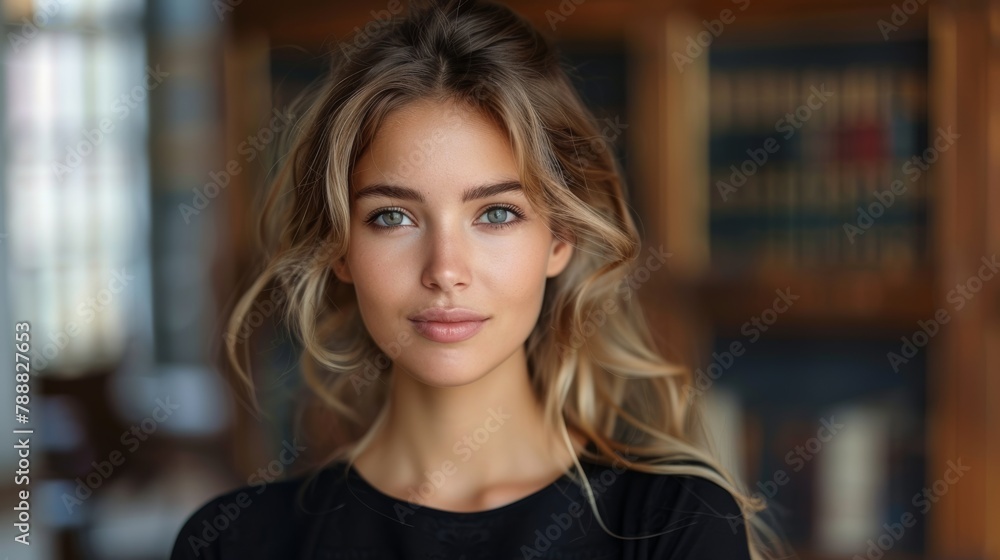 Beautiful woman portrait on the library background. Beautiful woman portrait on the library background.
