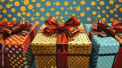 Vibrant gift boxes form a dynamic comic strip with bold colors, a thrilling narrative, and detailed pop art in stunning 8k resolution.