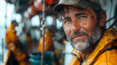 Close up face Fisherman on a fishing boat , fishing boat background. 
