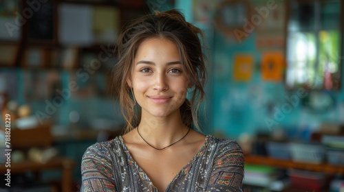  Beautiful young woman s on classroom background. Student in the classroom. photo