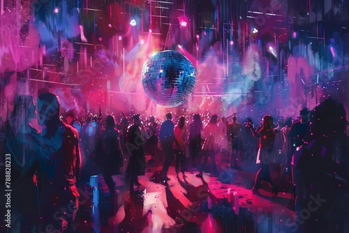 retro disco party with colorful lights mirror ball and crowded dancefloor digital painting photo