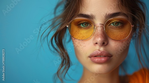 Beautiful trendy model woman in the sunglasses on the blue background. © Karo