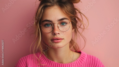 Beautiful trendy model woman in the sunglasses on the pink background. © Karo