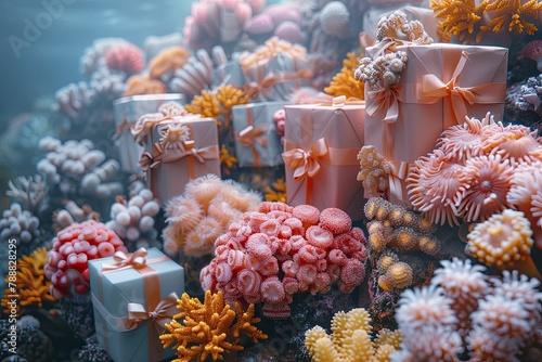 Unveil a stunning underwater world with gift boxes reflecting a vibrant coral reef in exotic hues, an aquatic pop art journey in high-res 8k.