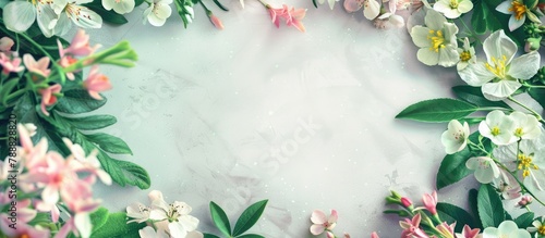 Background with a floral frame featuring spring flowers.