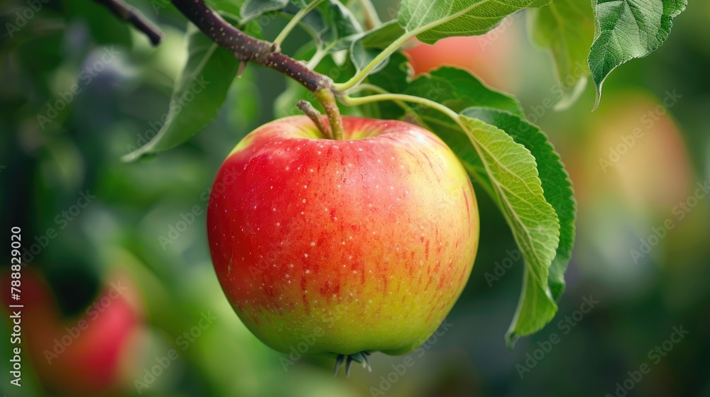 A ripe red green apple hanging from a branch of the apple tree A ripe red green apple hanging from a branch of the apple tree