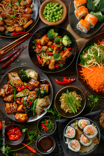 Captivating Display of Authentic Asian Cuisine: Stir-fry, Sushi, Dumplings and More