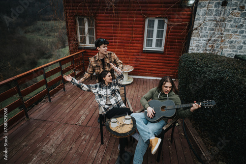 Two friends unwind with a guitar on a cozy cabin porch, exuding a serene, content ambiance in a rustic setting.