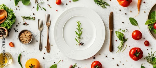 Cutlery set, plate, and a blank invitation card are arranged in a flat lay style on a white background, surrounded by vegetables, herbs, and spices.