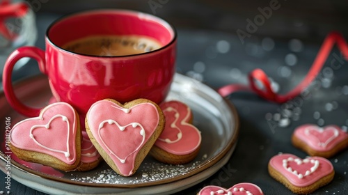 Delight your loved one on Valentine s Day or Mother s Day with heart shaped cookies displayed on a coffee cup creating a charming gift that will surely surprise them Ample space is availabl photo