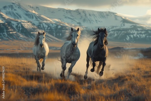 Three Wild Horses Galloping Vigorously Across a Field With Golden Grass Against a Backdrop of Distant Snow-Covered Mountains