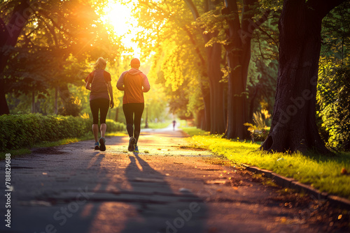 Two people in sportswear are running along a path in the park. The concept of a healthy  active life. Full length shot from the back.