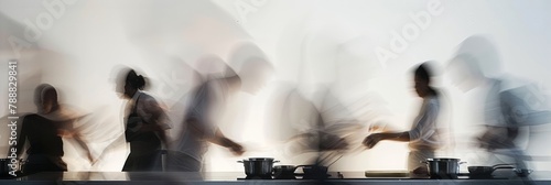 a long exposure photograph of multiple people cooks, motion blur photo