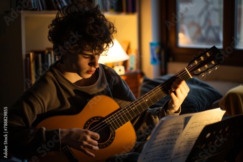 Boy playing guitar in dark room with music sheets and lamp