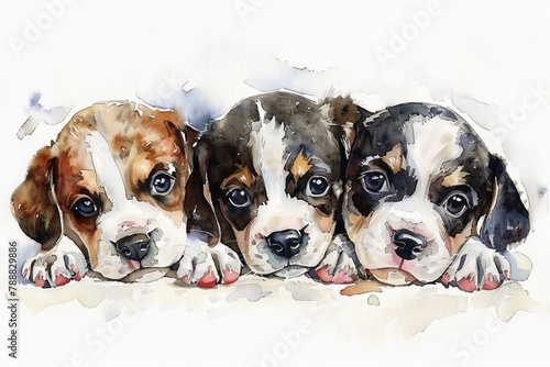 Watercolor of cute dog puppies look at you with their doggy eyes. © Michael