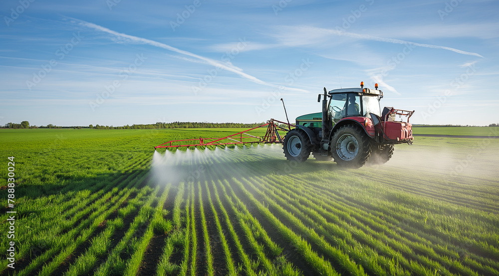 Tractor spraying liquid on green field in a wide shot, in the style of commercial photography, with high resolution, in daylight Tractor spraying liquid on green field in a wide shot, in the style of commercial photography, with high resolution, in daylight
