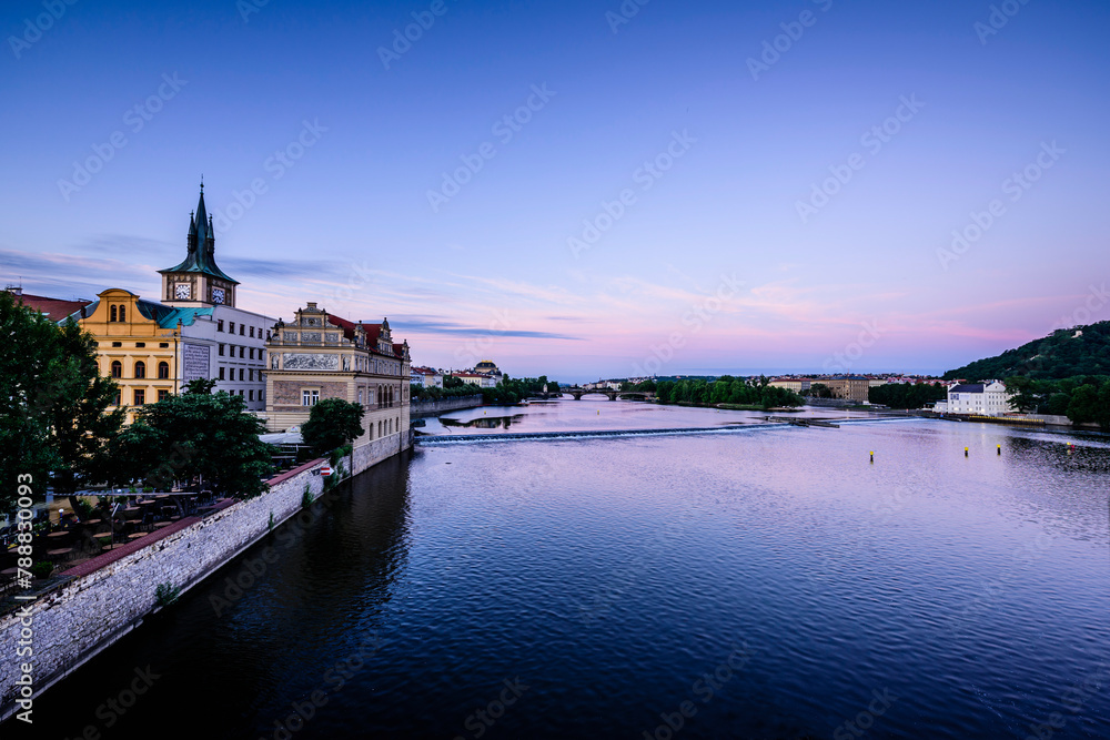 Blue sky over the city of Prague waterfront