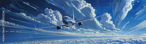 Painting of a plane flying through a cloudy sky with clouds. Banner