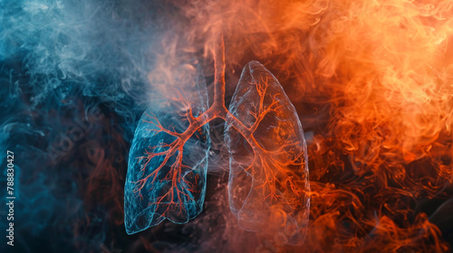 Smoking harm concept depicting a pair of glowing lungs are shrouded in orange and blue smoke or fog. No Smoking Day concept photo