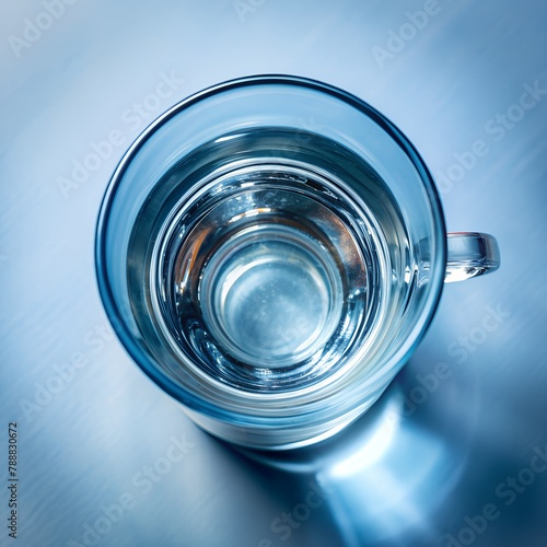  Water in glass cup on blue background. Top view

