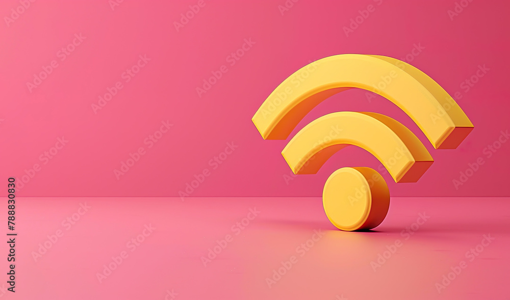 Wi-Fi concept illustration, 3D, yellow color, pink background Wi-Fi concept illustration, 3D, yellow color, pink background