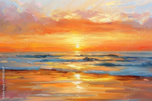 serene sunrise seascape with vibrant orange and yellow hues oil painting