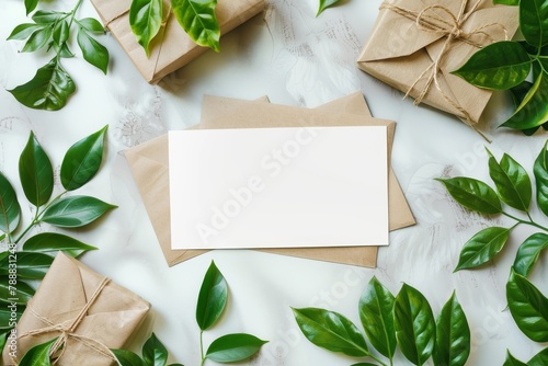 Mockup with leaves and gifts on light background
